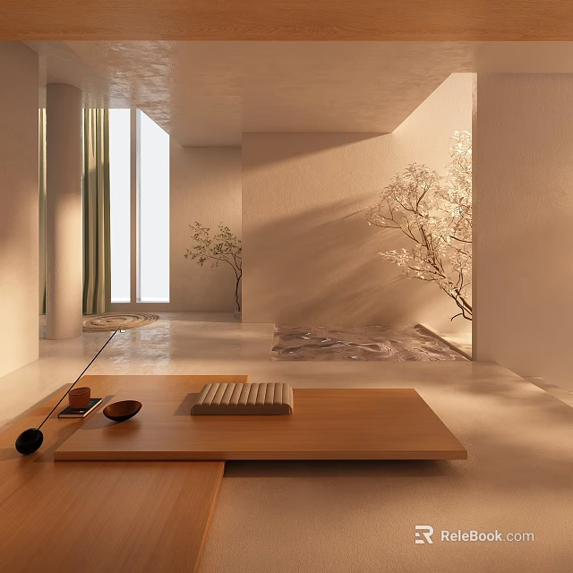Minimalist Tea Room Interior With Natural Light Wooden Table Tea Set And Decorative Trees 3d model 