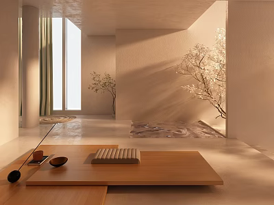 Minimalist Tea Room Interior With Natural Light Wooden Table Tea Set And Decorative Trees 3d model