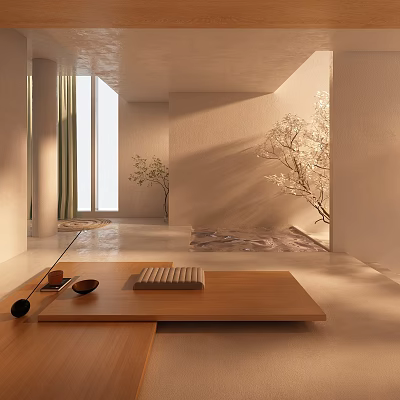 Minimalist Tea Room Interior With Natural Light Wooden Table Tea Set And Decorative Trees 3d model