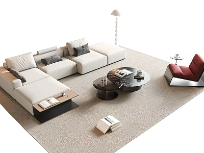 Modern White Sofa and Black Round Coffee Table Set with Gray Cushions Red Chair 3d model