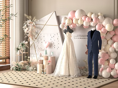 Bridal Shop Wedding Dress Groom Suit With Pink White Balloons Decorative Flowers And Candles 3d model