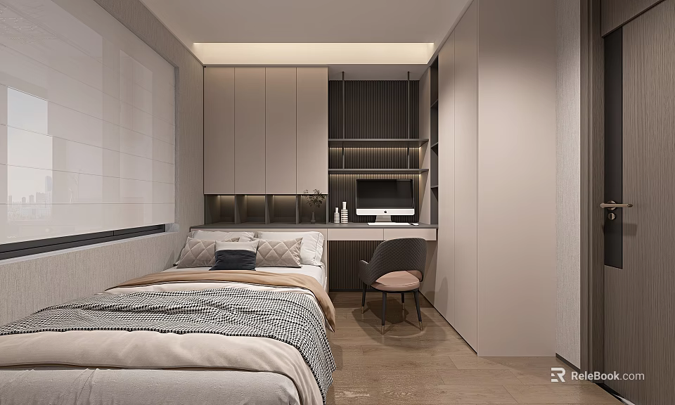 Modern Tatami Bedroom Interior Design With Tatami Bed Desk Chair And Storage Cabinets 3d model 