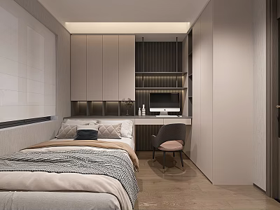Modern Tatami Bedroom Interior Design With Tatami Bed Desk Chair And Storage Cabinets 3d model