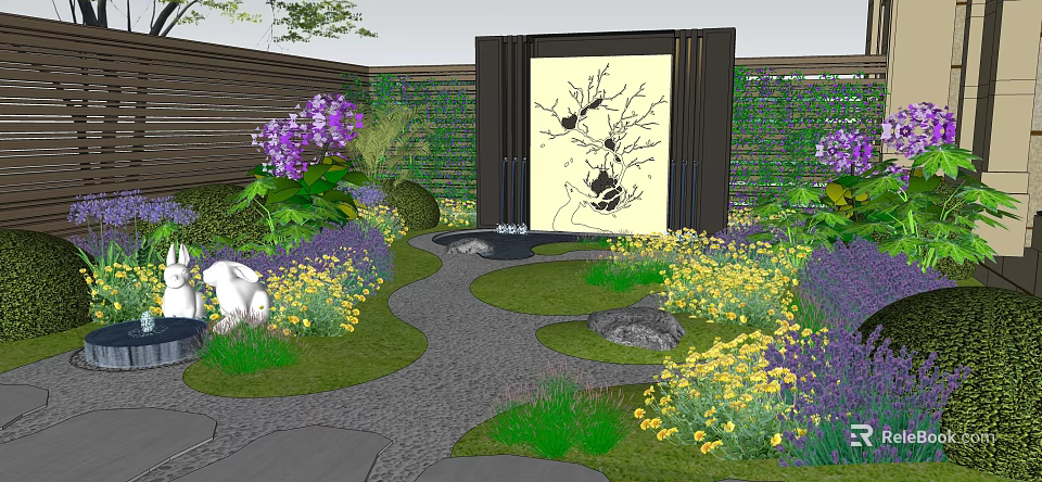 Serene Courtyard Garden With Purple Yellow Flowers Stone Path Green Plants And Decorative Screen 3d model 