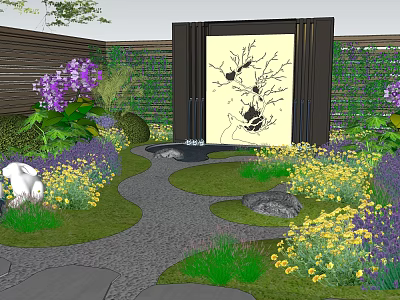 Serene Courtyard Garden With Purple Yellow Flowers Stone Path Green Plants And Decorative Screen 3d model