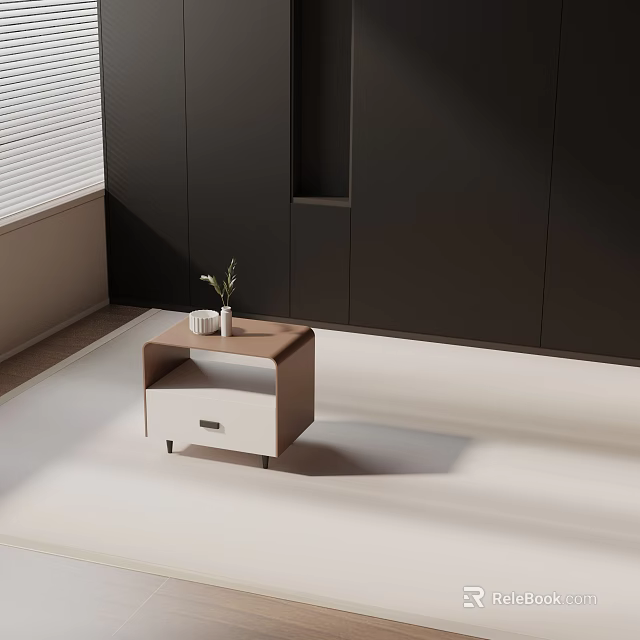 Brown And White Side Table In Modern Interior With Small Plant Near Black Cabinets 3d model 