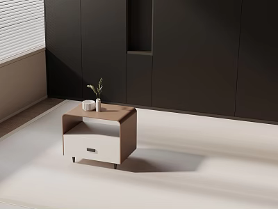 Brown And White Side Table In Modern Interior With Small Plant Near Black Cabinets 3d model