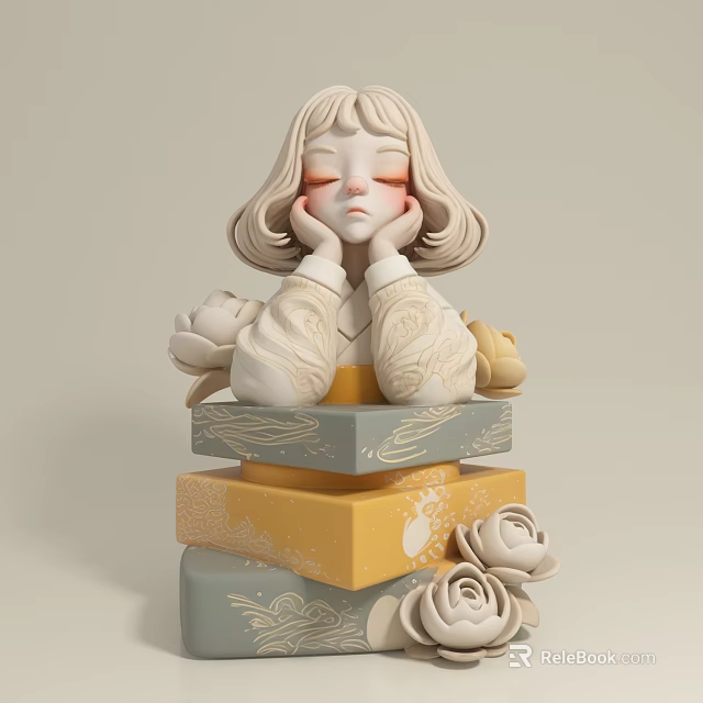 Cute Doll With Curly Hair Closed Eyes In Floral Dress On Stacked Boxes With Roses 3d model 