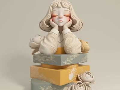 Cute Doll With Curly Hair Closed Eyes In Floral Dress On Stacked Boxes With Roses 3d model
