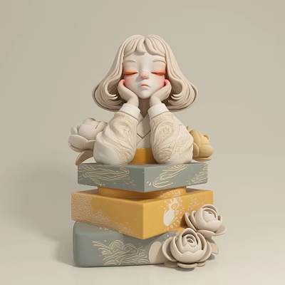 Cute Doll With Curly Hair Closed Eyes In Floral Dress On Stacked Boxes With Roses 3d model