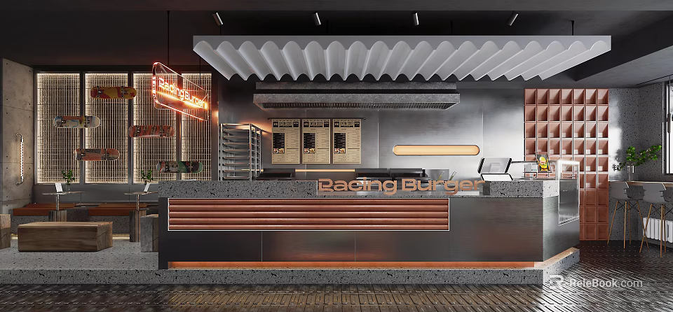 Bacong Burger Restaurant Interior With Neon Sign Stainless Steel Counter And Wooden Accents 3d model 