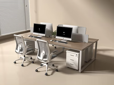 Modern Office Desk With Wooden Desktop Dual Monitors Ergonomic Chairs And Drawer Cabinet 3d model