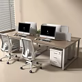 Modern Office Desk With Wooden Desktop Dual Monitors Ergonomic Chairs And Drawer Cabinet