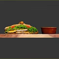 Delicious Croissant Sandwich with Fresh Lettuce Tomato on Wooden Serving Tray and Creamy Dip