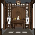 Traditional Chinese Buddhist Shrine Cabinet with Intricate Wooden Carvings Buddha Statue and Decorative Vases