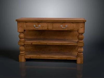 Rustic Solid Wood Console Table With Drawers Shelves And Carved Legs Design 3d model