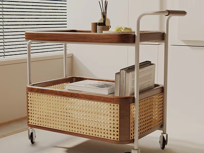 Mobile Side Table With Wooden Tray Top Wicker Basket Shelf And Metal Wheels 3d model