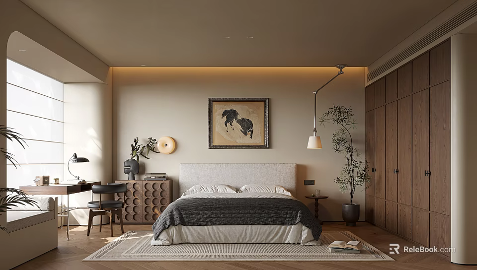 Cozy Modern Bedroom Interior Design With Bed Headboard Decorative Painting Ambient Lighting And Potted Plant 3d model 