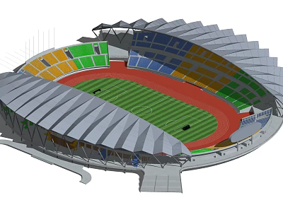 Modern Sports Stadium With Colorful Stands Red Track Green Grass Field And Roof Structure 3d model