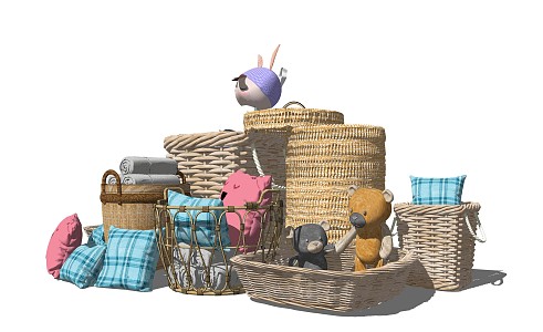 Modern Storage Basket Bamboo Wraft Basket Pillow Cloth Doll 3d model