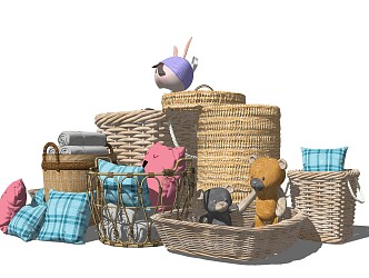 Modern Storage Basket Bamboo Wraft Basket Pillow Cloth Doll 3d model