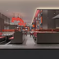 Red Restaurant Interior With Hanging Pendant Lights And Stylish Wall Decor 3d model