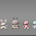 Cute Toy Figures Including White Rabbit Beige Rabbit Red Blue Doraemon on Gray Background 3d model