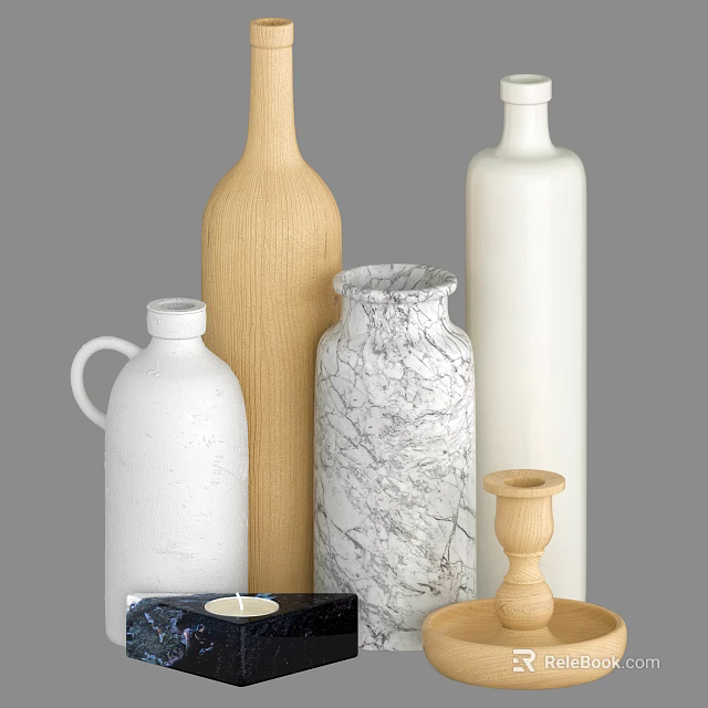 Decorative Ornament Set With Wooden Bottle Marble Vase White Ceramic Containers And Candle Holder 3d model 