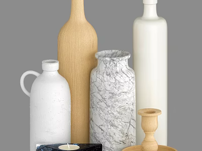 Decorative Ornament Set With Wooden Bottle Marble Vase White Ceramic Containers And Candle Holder 3d model