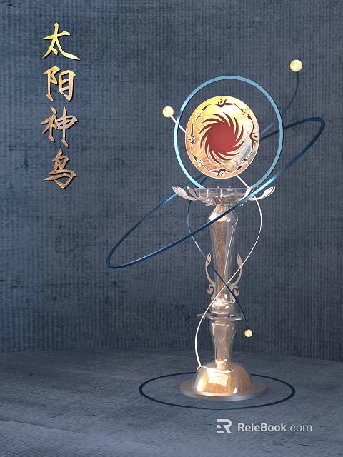 Divine Bird Themed Art Installation With Silver Base Gold Ornament And Blue Rings 3d model 