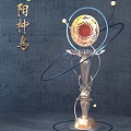 Divine Bird Themed Art Installation With Silver Base Gold Ornament And Blue Rings
