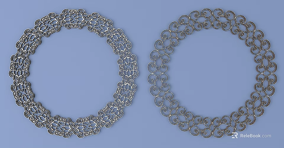 Two Decorative Intricate Circular Metal Carvings On Light Blue Background 3d model