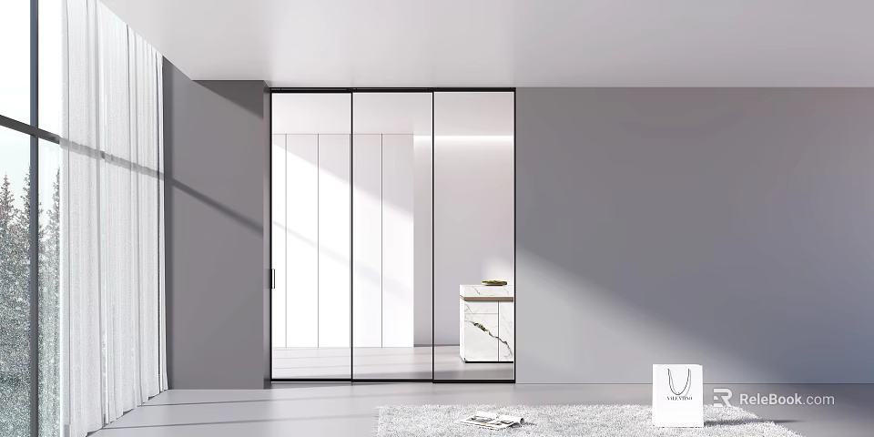 Minimalist Kitchen Design Featuring Glass Sliding Doors And Neutral Color Palette 3d model 
