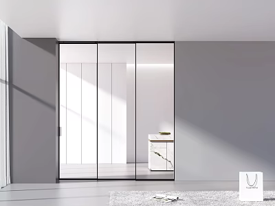 Minimalist Kitchen Design Featuring Glass Sliding Doors And Neutral Color Palette 3d model