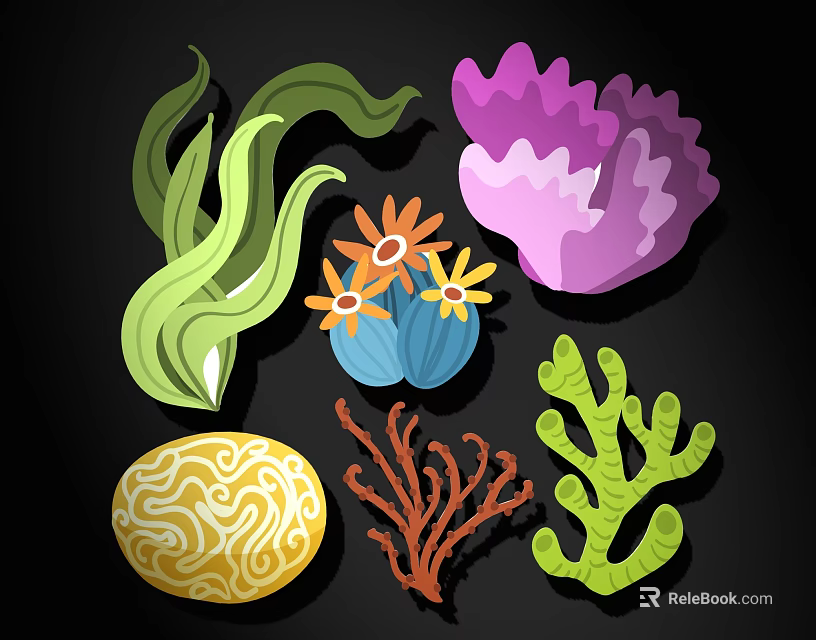 Colorful Wall Decor With Green Leaves Orange Flowers Purple Coral And Yellow Shell 3d model 