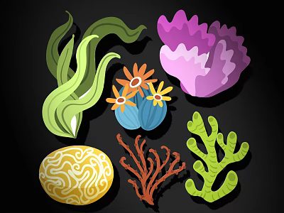 Colorful Wall Decor With Green Leaves Orange Flowers Purple Coral And Yellow Shell 3d model