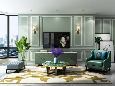 Light Green Paneled TV Background Wall With Wall Sconces And Green TV Cabinet 3d model