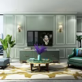 Light Green Paneled TV Background Wall With Wall Sconces And Green TV Cabinet