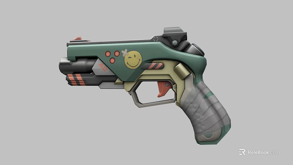 Modern Green And Gray Pistol Featuring Smiley Face Design Red Accents And Ergonomic Grip 3d model 