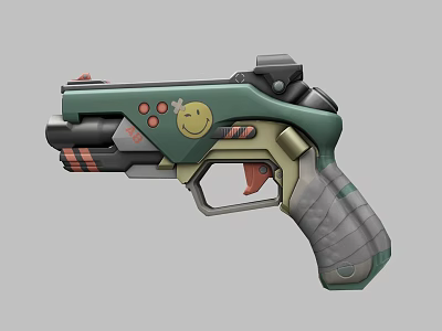 Modern Green And Gray Pistol Featuring Smiley Face Design Red Accents And Ergonomic Grip 3d model