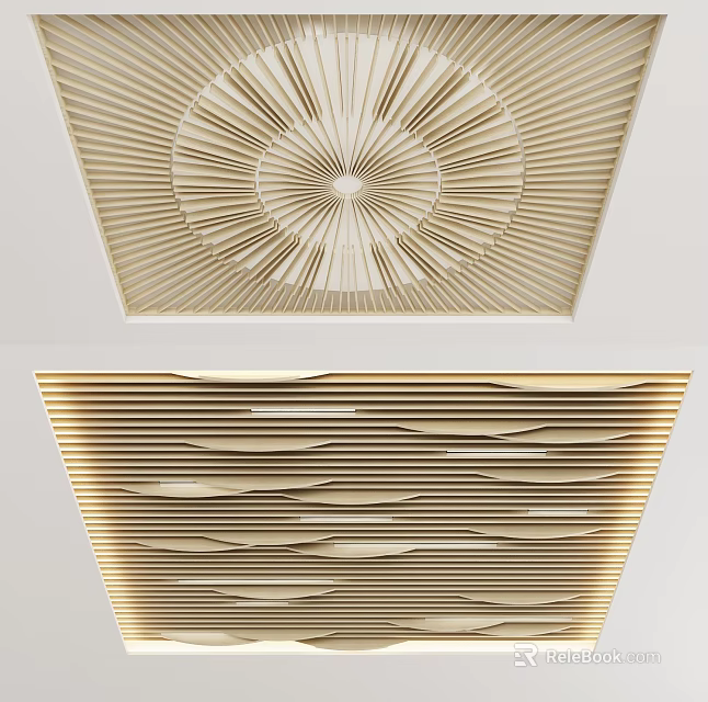 Modern Light Wood Ceiling Design With Radial Pattern And Wavy Striped Details 3d model