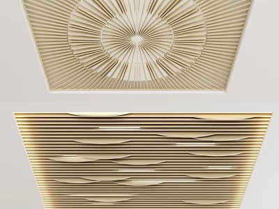 Modern Light Wood Ceiling Design With Radial Pattern And Wavy Striped Details 3d model
