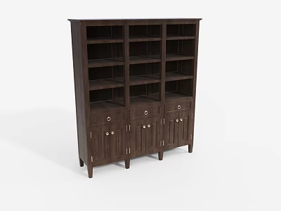 Dark Wooden Bookcase With Multiple Open Shelves And Bottom Storage Cabinets 3d model