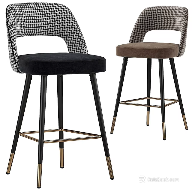 Modern Houndstooth Backrest Bar Stools With Black And Brown Velvet Seats And Metal Legs 3d model 