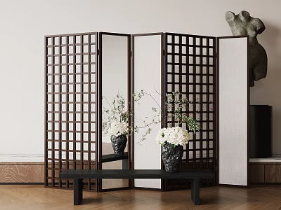 Modern Wooden Lattice Room Divider With Decorative Vases Flowers And Statue On Wooden Floor 3d model