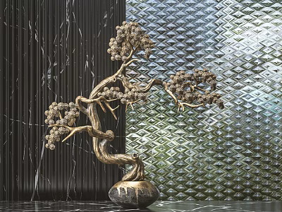 Elegant Luxury Metal Tree Shaped Ornament Set With Decorative Vase Base And Marble Surface 3d model