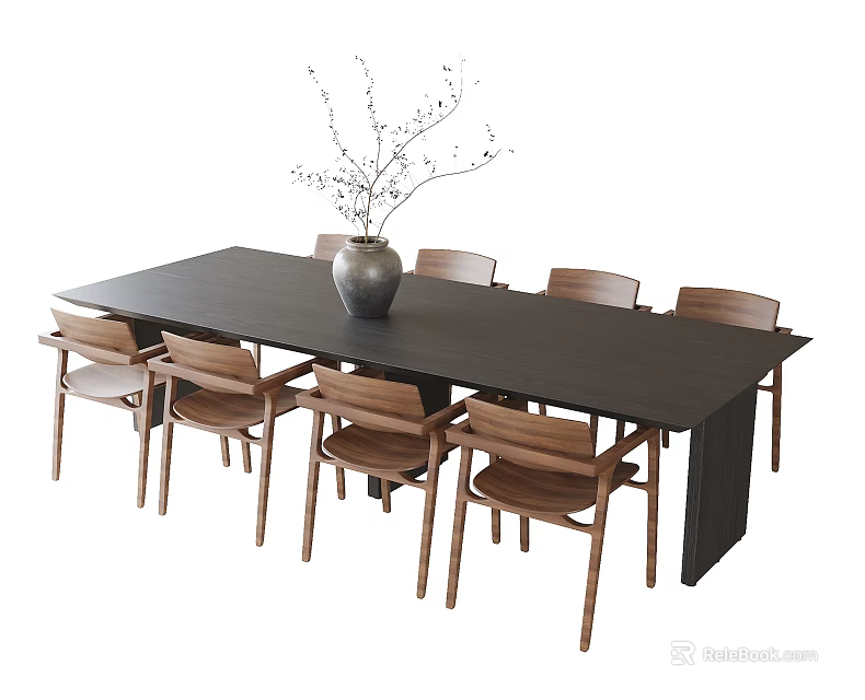 Black Rectangular Dining Table With Wooden Chairs And Decorative Vase With Twigs 3d model