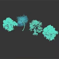 Four Colorful Plants in Blue Light Blue Pink Dark Blue with Dark Background and Reflections
