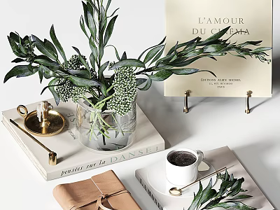 Stylish Decorative Ornament Set With Green Foliage Clear Glass Vase Books Candle And Coffee Cup 3d model