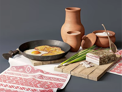 Traditional Breakfast Food with Fried Eggs Sliced Meat and Green Onions in Cast Iron Pan 3d model